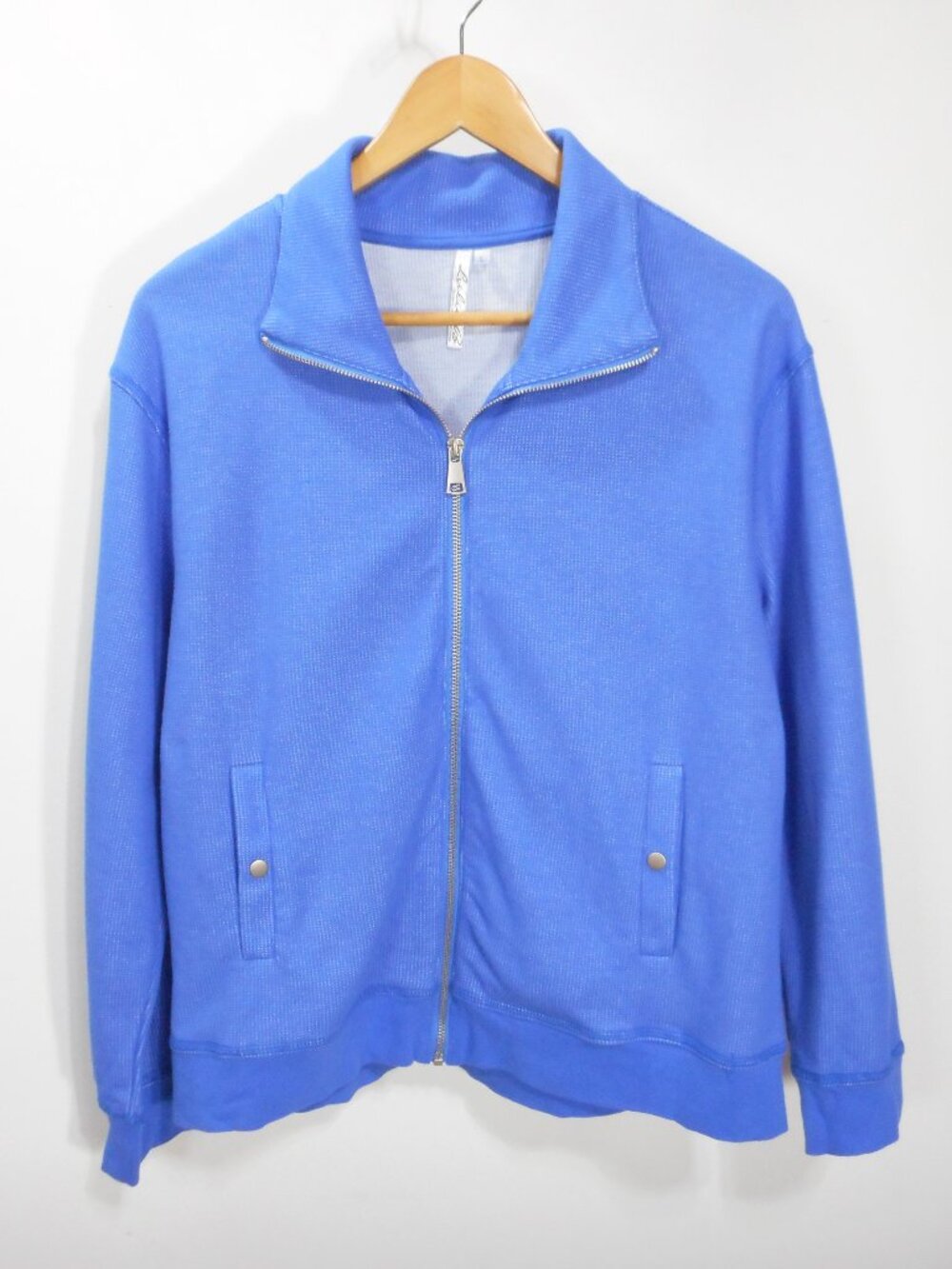 Lulu B Women's size L Deep Sea Waffle Knit Full Zip Jacket Pockets Blue Preppy